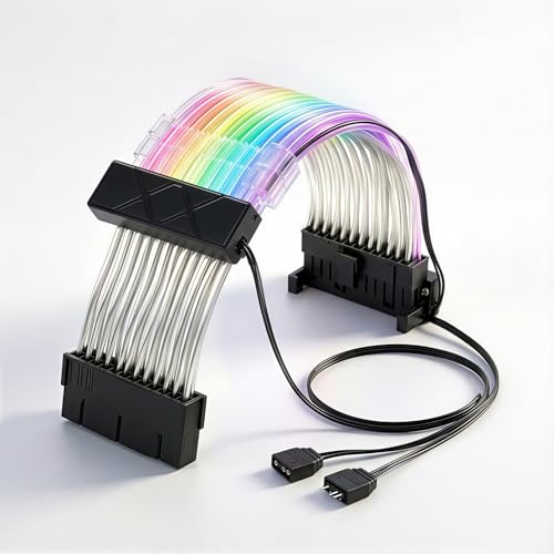 Image of ZORBES 24 Pin ARGB Motherboard Power Extension Cable, RGB LED PC Cable Extension with Addressable Lighting Sync, Sleeved 24 Pin PSU Extension for Gaming PC Build, Plug and Play RGB Mod Cable