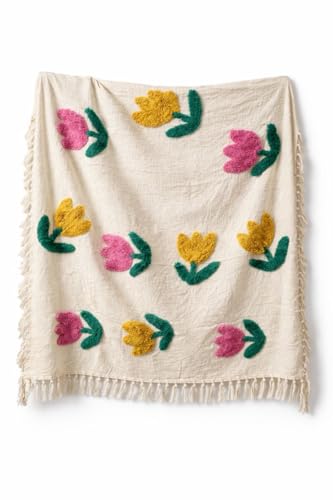 Image of Boho Cotton Woven Throw Blanket with Floral Tufted Design, All Season Decorative Blanket for Bed and Sofa, Cream with Fringe, 163x142 cm