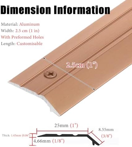 1 Inch Wide Metal Threshold Strip for Floor Transitions, Carpet & Wood to Laminate Edging Trim with Preformed Hole, Gold Color, 105cm (41 3/8")