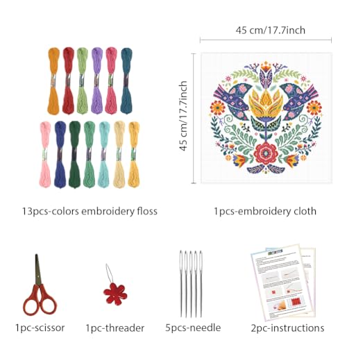Image of FREEBLOSS 11CT Stamped Cross Stitch Kits Scandinavian Folk Art Cross Stitch Ornament Kits with Instructions Embroidery Needlepoint Kit for Wall Hanging Home Decor 17.7x17.7inch