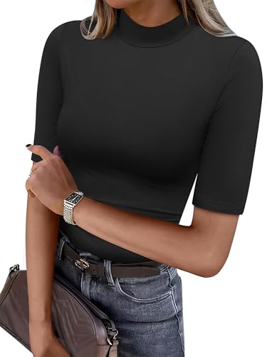 ANRABESS Women Tops Mock Neck 1/2 Short Sleeve Slim Fit Basic Tee Shirts Dressy Work Business 2025 Summer Fall Casual Outfits