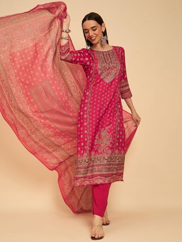 Image of SheWill Kurta Sets for Women - Red Rayon Aari Hand Work with Digital Floral Print Kurta with Pant and Chanderi Dupatta |Stylish Printed Summer Kurti Set