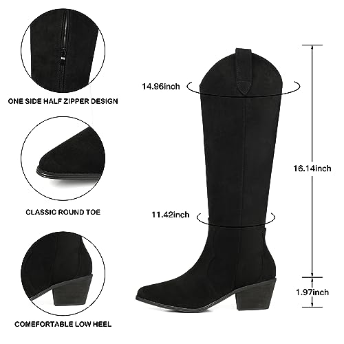 Image of SHIBEVER Cowgirl Boots Knee High: Womens Western Cowboy Boots Wide Calf Black Low Heeled Put on Suede Tall Booties Size 10.5