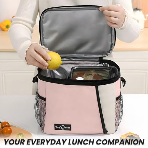 Image of OCEANEVO Insulated Lunch Bag with Luggage Tag, Tiffin Bag for Office with Handle and Shoulder Strap for Men and Women - 25 x 17.5 x 20 Cm - Pink