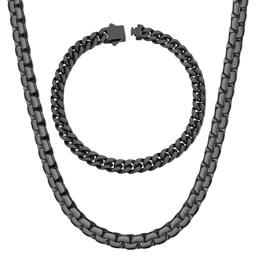 ChainsHouse Stainless Steel 5MM 9.0'' Cuban Link Bracelet+6MM 22" Flat Box Chain Necklace for Women Men