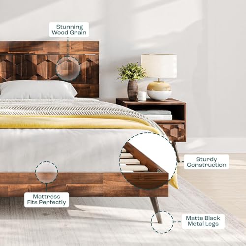 Image of Bme Georgina Queen Bed Frame and Headboard, Signature Handcrafted Geometric Design, US Patent Pending Design, Solid Wood, No Box Spring Needed, 12 Strong Wood Slats Support, Easy Assembly, Dark Choco