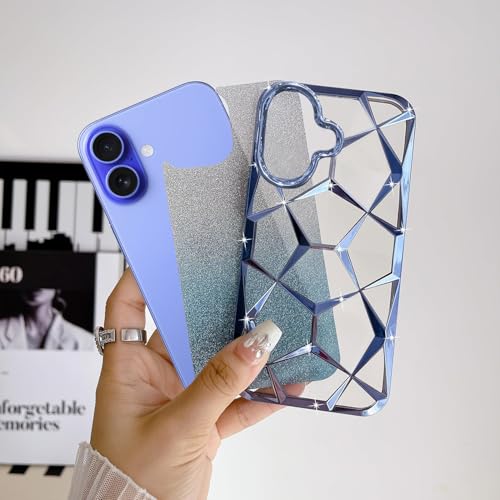 Image of VONZEE Gradient Glitter Case for iPhone 16 Plus, Luxury Electroplated 3D Cube, Diamond Bling Shiny Soft TPU Clear Shockproof Women Girls Protective Phone Cover (Sierra Blue)