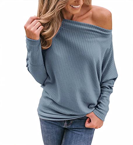 Women's Off Shoulder Tops Oversized Pullover Sweater Waffle Knit Boat Neck Blouse Loose Tunics Dusty Blue Small #TOP1