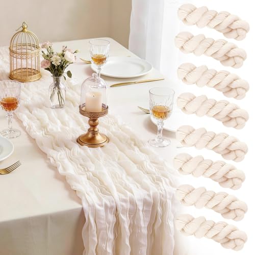 Otauoaea Tischläufer Champagner (8 Stück, 50x300 cm) - Rustikale Gaze Käsetuch Tischläufer im Bali-Gaze mit Faltenwurf für Hochzeit, Gartenparty, Brautparty, Geburtstag & Boho-Deko