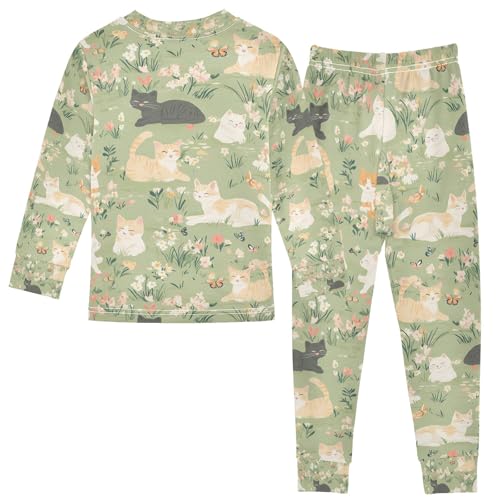 senya Cat on Garden Flowers Pajamas Set Long Sleeve Soft Cotton Sleepwear 2 Piece2