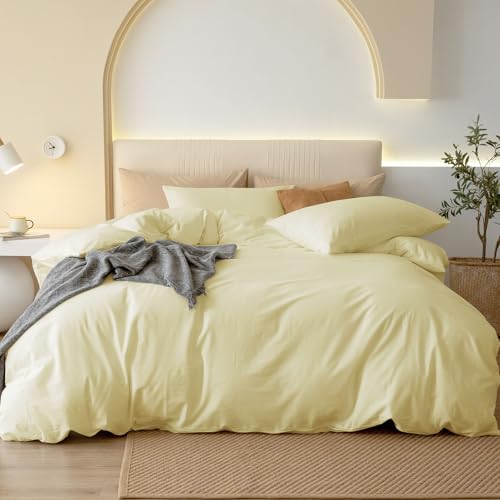 JIYUAN 100% Washed Cotton Duvet Cover Set 3 Pieces Cal King, 1 Duvet Cover 104x98 Inches(Comforter Not Included) and 2 Pillowcases,Linen Feel Bedding Set Comfy and Breathable,Light Yellow