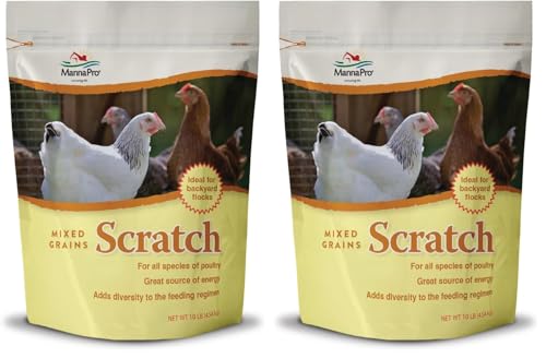 Image of Manna Pro Ultimate Chicken Scratch Feed, Nutrient-Rich Scratch Grain Treat for Chickens and Poultry, Natural Multigrain Blend for Backyard Flocks and Laying Hens, Made in USA, 10 lb Bag (Pack of 2)