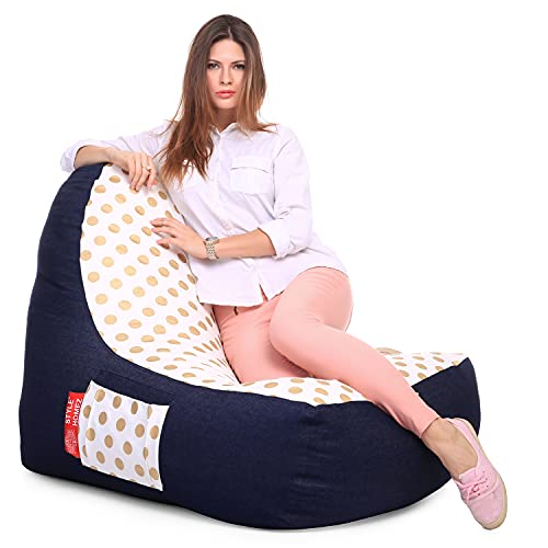 Image of Style Homez Urban Design Denim Canvas Polka Dots Printed Chair Bean Bag XXL Size Filled with Beans Fillers