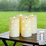 Lezonic Flameless Waterproof Outdoor Candles with Flickering Dancing Flame, 4Pcs Battery Operated Candles with Remote, Ivory LED Pillar Built-in String Lights for Patio Wedding Decor, 3.25' x 6'