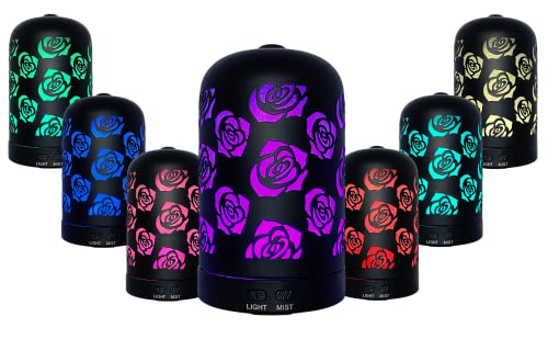 The Black Rose Flower Essential Oil Aromatherapy Diffuser, Humidifier And 7 Led Color Night Light 3-In-1 With Auto-Shut Off And Dim Modes, Cast Iron Metal 200Ml - Designed In Usa By Cleverdan #TOP5
