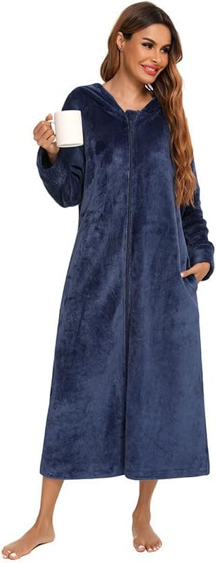 Velvet Robes for Women Long Sleeve Hooded Nightgowns Full Zip Winter Sleepwear Lounge Pajama Robe Fluffy Warm Bathrobe