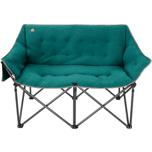 Sillones Dobles Plegables Oversized para Camping LANMOUNTAIN, Soporta 600 lbs, Cómodos para Adultos, Bolsillo de Malla, Forro de Felpa, Verde Oscuro