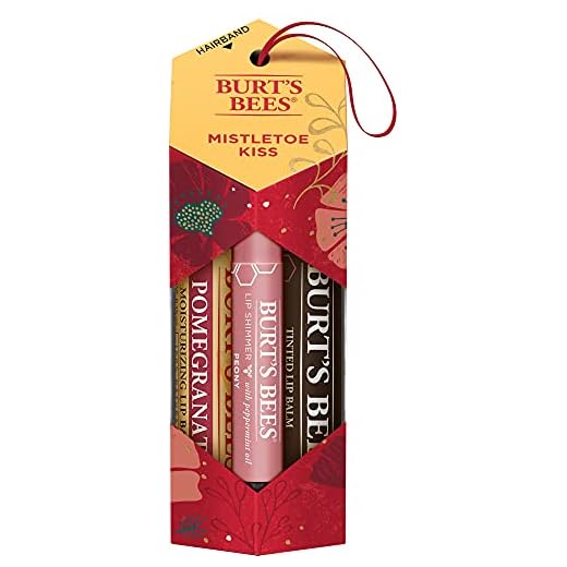 Burt's Bees , 3 produtos para os lábios, conjunto Misteltoe Kiss â€“ Protetor labial hidratante de romã, brilho labial de peônia e protetor labial colorido de hibisco