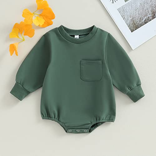 Aeemcem Baby Boy Girl Oversized Sweatshirt Romper Solid Long Sleeve Pocket Bubble Romper Sweater Onesie Top Fall Clothes (A-Green, 0-6 Months) #TOP1
