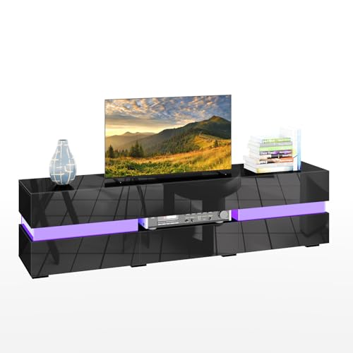 Panana Modern TV Unit with LED Light 2 Doors 1 Drawers for Living Room High Gloss Front TV Stand Cabinet Entertainment Centre TV Console Media Unit 177 cm (Black)