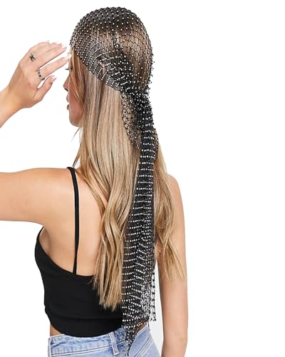 PartyArt Women Mesh Rhinestone Headbands Glitter Fishnet Diamond Headpiece Sparkly Rave Hollow Fashion Hair Long Version Accessories Black