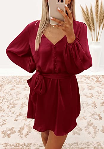 Prettygarden Women's Spring Long Puff Sleeve Satin Dress V Neck Cocktail Party Belted Short Formal Dresses (Wine Red,Medium) #TOP7