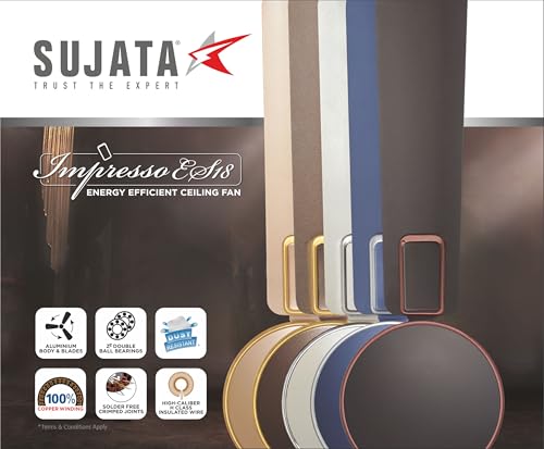 Image of Sujata Ceiling Fan | 100% Copper Winding | 5-Year Warranty | Decorative Ceiling Fan for Living Room /Bedroom | Powerful Airflow | BEE Star Rated | Impresso ES18 (Matt Blue Silver)