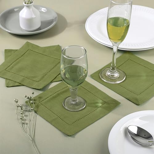 Image of Fingercraft Cotton Cocktail Napkins 6x6 Inches - Set of 12 Reusable Cloth Beverage Coasters with Elegant Ladder Hemstitch - Perfect for Parties, Bars & Home Use (Olive Slub)