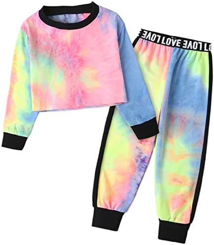Two Piece Sweatsuits for Women, Pullover Long Athletic Shirts + Sweatpant Tie Dye Track Suits Outfits, Belly Button Length Multicolor, Medium