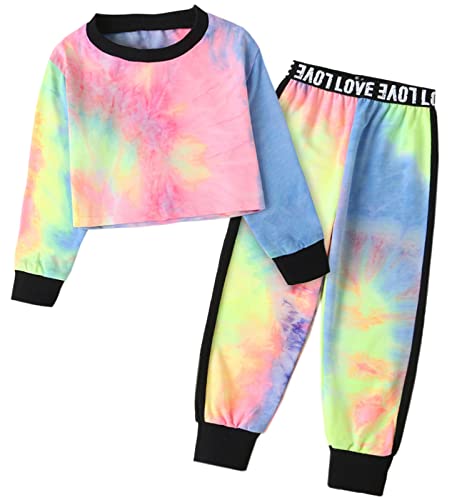 Two Piece Sweatsuits For Women, Pullover Long Athletic Shirts + Sweatpant Tie Dye Track Suits Outfits, Belly Button Length Multicolor, Medium #TOP2
