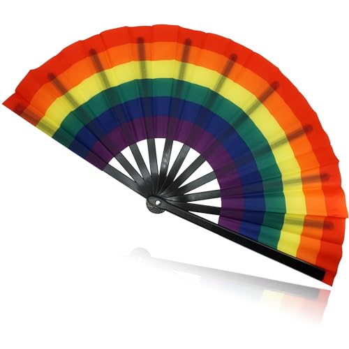 Temogole 1 Pack Large Pride Fans Rainbow Hand Fan Gay Fan Pride Month Festival Big Folding Fans Comrade LGBTQ Decorations Party Summer Rave Hand Fans for Women Men, Black