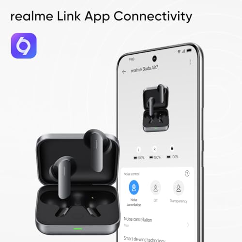 realme Earbuds Air 7 True Wireless,12.4mm Dynamic Bass Drivers,52Hrs Playtime,52dB Hybrid ANC,6 Mic ENC,45ms Low Latency,360° Spatial Audio,Hi-Res LHDC,IP55 Dust & Water Resistant,BT v5.4(SlateGrey)