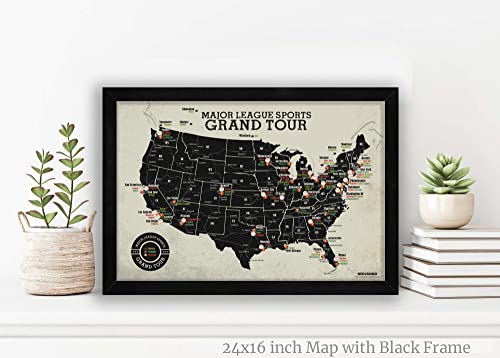 Grand Tour Stadium Map: Baseball + Hockey + Football Stadiums, Framed Push Pin Map - Includes 100 Mixed Colored Map Pins #TOP2