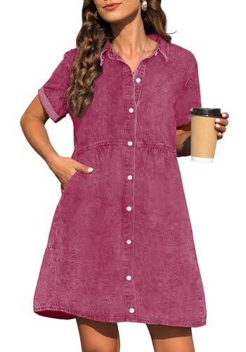 Image of Denim Dress for Women 2026 with Pockets Short Sleeve Jean Dresses for Women