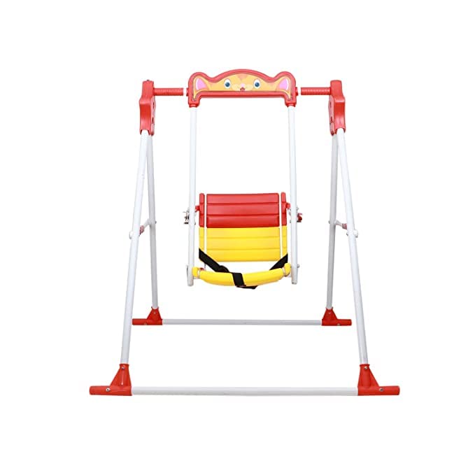 Image of BABYBLESSING Garden Swing|Single Seater|Swing For School,Terrace, Garden|Adjustable Ropes And Ground Pegs|With Safety Locks|Durable|Red&Yellow|Alloy Steel, 103.5 CM