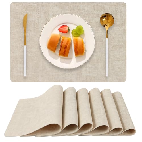 Boobezeen Faux Leather Placemats Set of 6, Heat Resistant Wipeable Washable Vinyl Place Mats, Waterproof Anti-Slip Dining Table Mats, Suitable for Indoor & Outdoor Use (Beige)