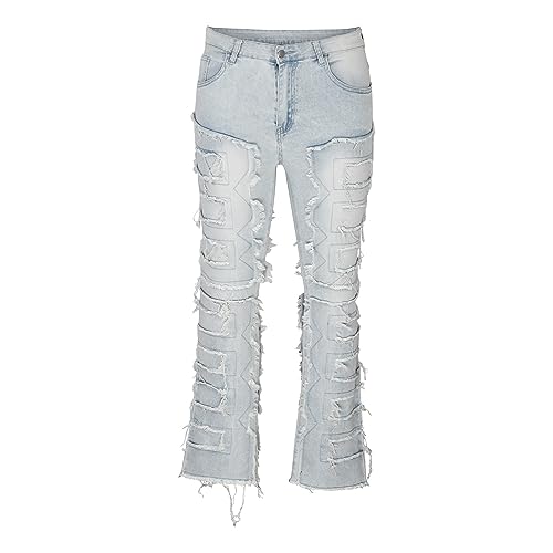 Uillui Men's Patch Ripped Stretch Biker Jeans Fashion Distressed Patchwork Slim Fit Skinny Motorcycle Denim Pants Streetwear3