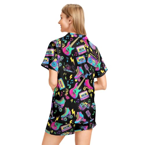 Image of Funny Pajamas for Women Set Print Satin Loungewear Pjs Short Sleeve Button Down Top and Shorts Sets Sleepwear XS-3XL