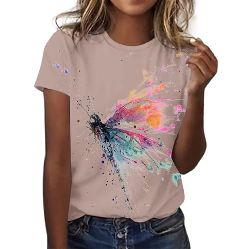 Camiseta de manga corta para mujer, cuello redondo, manga corta, Rosa claro., S