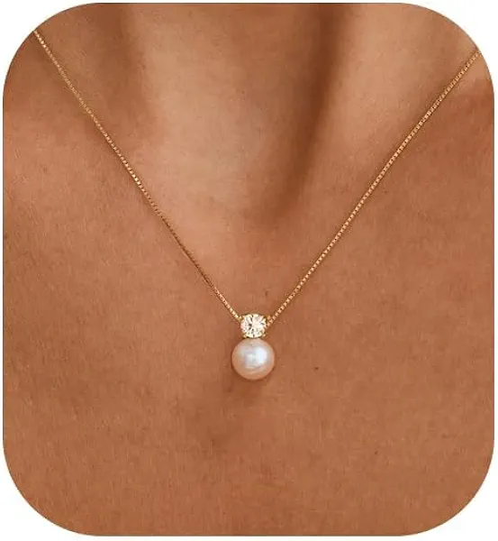 Fwlisesa Pearl Necklaces for Women, Dainty Gold Necklace 14K Gold Plated Charm CZ Pearl Pendant Necklace Simple Gold Pearl Choker Necklaces for Women Trendy Wedding Womens Jewelry