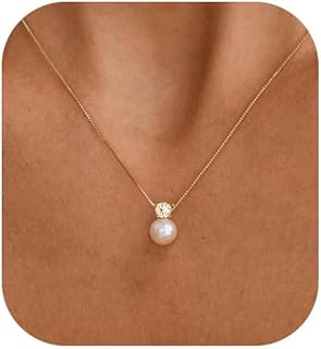 Pearl Necklaces for Women, Dainty Gold Necklace 14K Gold Plated Charm CZ Pearl Pendant Necklace Simple Gold Pearl Choker Necklaces for Women Trendy Wedding Womens Jewelry