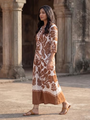 Image of HELLCAT Floral Brown Women Dress|New Trending Dress for Women|Western 3 /4 Sleeve A-line