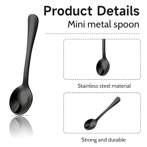 GlamRays 8 Stück Tiny Edelstahl Löffel für Gewürzgläser, Mini Größe 7,5CM, Cute Small Edelstahl Gewürz Löffel für Gewürze, Salz, Fun Little Scoops(Schwarz)