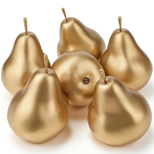 Funzhan 6 PCS Gold Fake Pears, Lifelike Artificial Fruit Decor