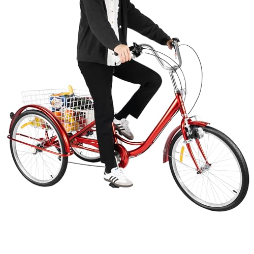 SICHENSH Triciclo para adultos de 24 pulgadas, 3 ruedas, 6 velocidades, bicicleta para adultos, con cesta de la compra y luz, triciclo de altura ajustable, triciclo para personas mayores (rojo)