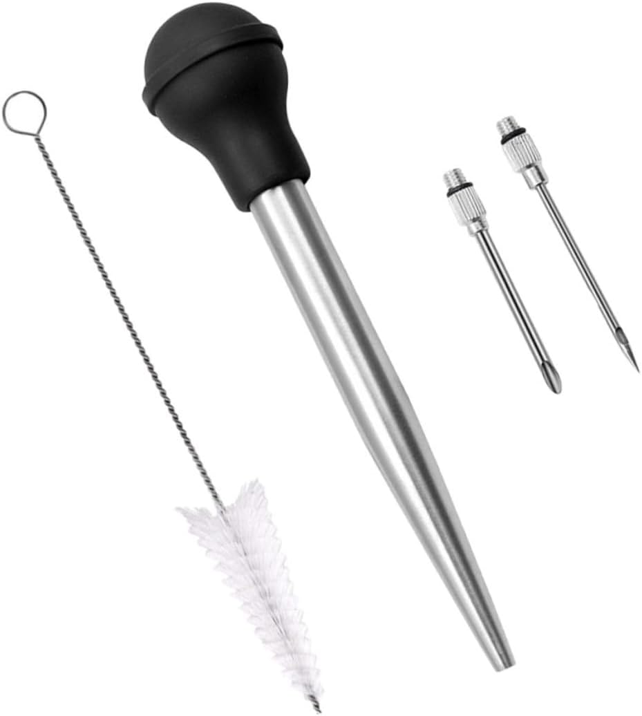 Mikinona Turkey Seasoning Injector Kit Stainless Steel Meat Injector with Silicone Syringe Barbecue Flavor Set for Turkey Chicken and Pork Includes Cleaning Brush