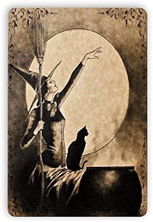 Niekea Broom Witch Metal Tin,Signs Kitchen Witchery Iron Painting Plaque Halloween Wall Decor for Bar Cat Club Parlor Cafe Store 8x12 Inch