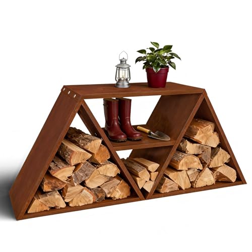Decoroca Modern Triangle Firewood Storage Rack – Large Corten Steel