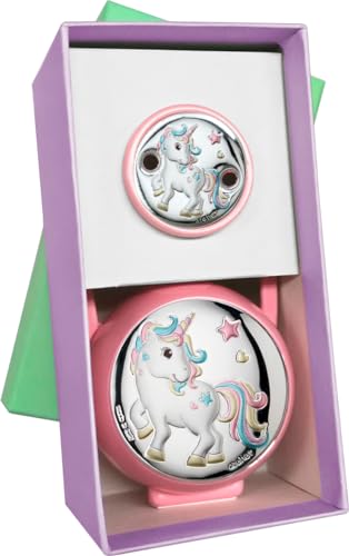 Conjunto de Pinza de Chupete y Portachupetes con Aplique Laminado en Plata de Ley 925‰. Diseño de 'Unicornio'. (E0942-R)