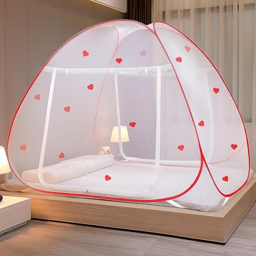 Image of Evafly King Size Mosquito Net for Bed with Heart Design | Premium Polyester Mesh | Foldable Pop Up Bed Net | Fine Mesh Protection from Mosquitoes & Insects | Easy Setup, Washable | Red